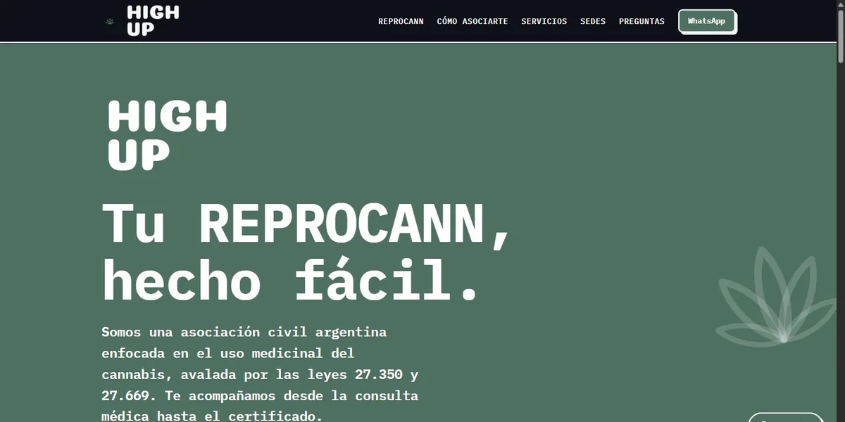 Landing page de High Up, asociación civil de cannabis medicinal